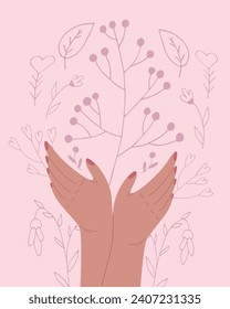 Ilustración vectorial plana de las manos femeninas con plantas.