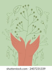 Flat vector illustration of female hands with plants.