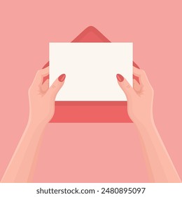 Ilustración vectorial plana de manos femeninas sosteniendo una hoja de papel vacía en blanco fuera de un sobre, fondo rosa