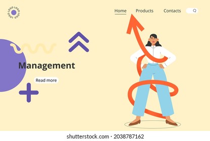 Flat Vector Illustration With A Female Mentor Or Leader For The Staff.  Concept Of Success Or Professional Development Or Successful Management Of Employees.