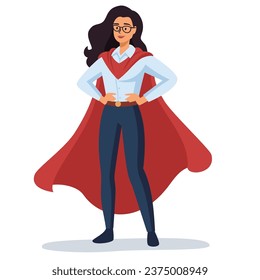 Flat vector illustration. Female office worker in superhero cape. Concept of leadership in team 