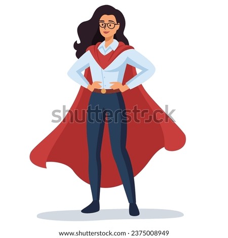 Flat vector illustration. Female office worker in superhero cape. Concept of leadership in team 