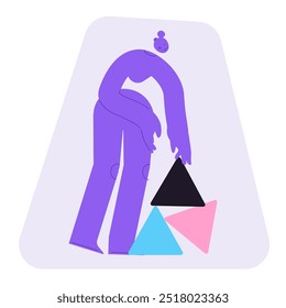 Flat vector illustration of a female, organising abstract items on the floor. Putting things in order. Full body character in control of tasks, time. Arranging elements.  