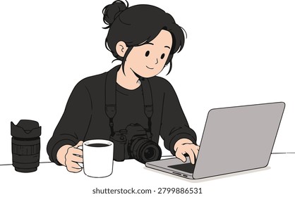 Flat vector illustration of a female photographer working on a laptop with a DSLR camera, camera lens, and coffee cup on the desk. Ideal for photography, photo editing, content creation, creative business, freelancing, and remote work concepts.