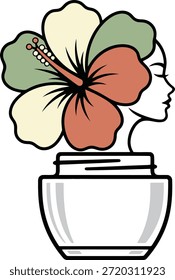 Ilustración vectorial plana de un perfil femenino que emerge de un tarro de nata con flor de hibisco, ideal para la marca cosmética orgánica, logotipos de spa y activos de diseño de bienestar.
