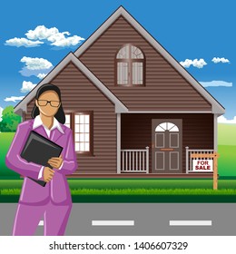 Flat vector illustration of a female real estate agent and a big house, with For Sale sign in the yard. Vector landscape of green field with beautiful blue sky with white clouds in the background.