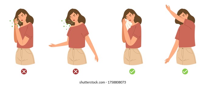 Flat vector illustration of female sneeze and cough with the right and the wrong way. Concept of how to stop virus pandemic by using handkerchief or inner elbow when sneeze and cough. COVID-19