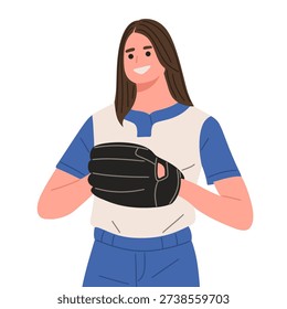 Flat vector illustration of female softball and baseball players holding bat, glove, and ball in various poses. Includes batting stance, pitching preparation, and catching positions. Isolated on white background in modern minimal cartoon style. Ideal for sports training materials, women athletics promotion, team branding, tournaments, school sports, and digital sports content.