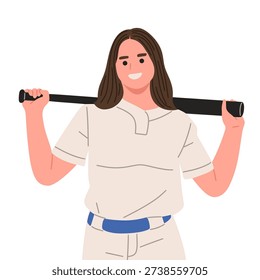 Flat vector illustration of female softball and baseball players holding bat, glove, and ball in various poses. Includes batting stance, pitching preparation, and catching positions. Isolated on white background in modern minimal cartoon style. Ideal for sports training materials, women athletics promotion, team branding, tournaments, school sports, and digital sports content.