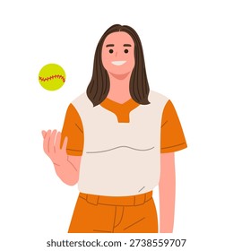 Flat vector illustration of female softball and baseball players holding bat, glove, and ball in various poses. Includes batting stance, pitching preparation, and catching positions. Isolated on white background in modern minimal cartoon style. Ideal for sports training materials, women athletics promotion, team branding, tournaments, school sports, and digital sports content.