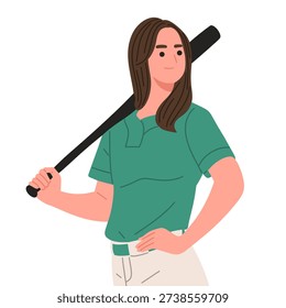 Flat vector illustration of female softball and baseball players holding bat, glove, and ball in various poses. Includes batting stance, pitching preparation, and catching positions. Isolated on white background in modern minimal cartoon style. Ideal for sports training materials, women athletics promotion, team branding, tournaments, school sports, and digital sports content.
