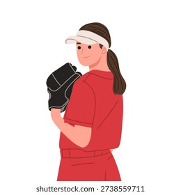 Flat vector illustration of female softball and baseball players holding bat, glove, and ball in various poses. Includes batting stance, pitching preparation, and catching positions. Isolated on white background in modern minimal cartoon style. Ideal for sports training materials, women athletics promotion, team branding, tournaments, school sports, and digital sports content.