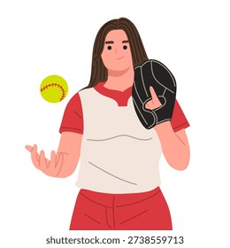 Flat vector illustration of female softball and baseball players holding bat, glove, and ball in various poses. Includes batting stance, pitching preparation, and catching positions. Isolated on white background in modern minimal cartoon style. Ideal for sports training materials, women athletics promotion, team branding, tournaments, school sports, and digital sports content.