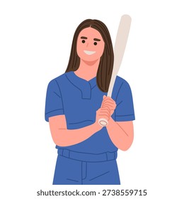 Flat vector illustration of female softball and baseball players holding bat, glove, and ball in various poses. Includes batting stance, pitching preparation, and catching positions. Isolated on white background in modern minimal cartoon style. Ideal for sports training materials, women athletics promotion, team branding, tournaments, school sports, and digital sports content.