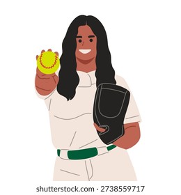 Flat vector illustration of female softball and baseball players holding bat, glove, and ball in various poses. Includes batting stance, pitching preparation, and catching positions. Isolated on white background in modern minimal cartoon style. Ideal for sports training materials, women athletics promotion, team branding, tournaments, school sports, and digital sports content.