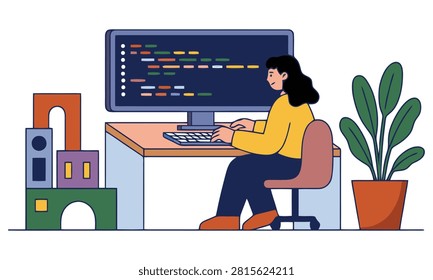 Flat Vector Illustration of Female Software Developer Writing Code on Desktop Computer