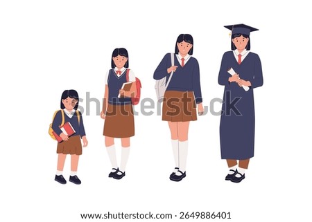 Flat Vector Illustration of Female Students from Childhood to Graduation. Illustrations for websites, landing pages, mobile apps, posters and banners