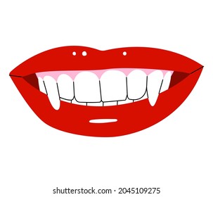 A flat vector illustration of a female vampire mouth with red lips and long fangs.