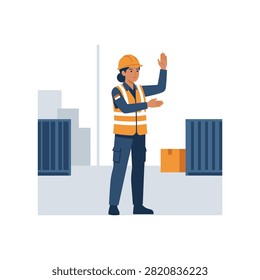 Flat vector illustration of a female worker wearing a safety vest and hard hat signaling in a logistics yard with shipping container