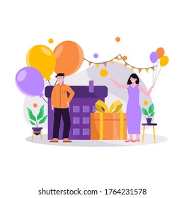 Ilustración vectorial plana de celebraciones de cumpleaños festivos, usando sombreros que transportan globos y regalos para la página de aterrizaje, ui, aplicación móvil y sitio web