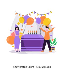 Flat vector illustration of festive birthday celebrations, using hats carrying balloons and gifts for landing page, ui, mobile app and website