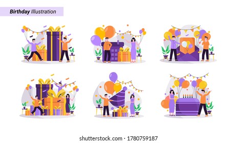 Flat vector illustration of festive birthday celebrations, using hats carrying balloons and gifts for landing page, ui, mobile app and website