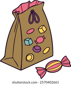 Flat vector illustration of a festive candy bag adorned with colorful sweets, perfect for designs related to celebrations, parties, or Halloween. Great for children’s themes and playful projects.