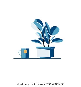 Flat vector illustration of ficus in a flowerpot with a cup of tea on white background. Image of houseplant, pot and cup made in blue colors. Idea for a poster, sticker, book, web design and so on.