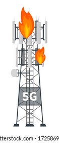 Flat vector illustration of fifth generation mast base stations on fire. Vandalism with 5G mobile data towers on white background, cellular equipment, telecommunication antennas and signal.