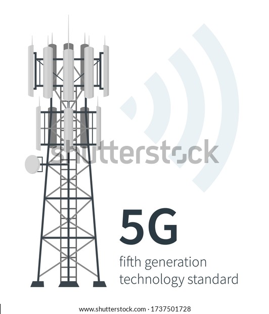 Flat vector illustration of\
fifth generation mast base stations on white background, 5G mobile\
data towers, telecommunication antennas and signal, cellular\
equipment.