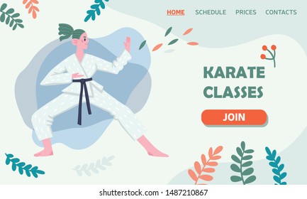 Flat vector illustration of a fighting girl with floral elements. Karate classes. Female character. Template for a landing page, poster, banner. Fight, sport, feminism. 