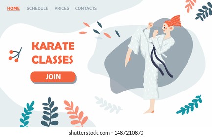 Flat vector illustration of a fighting girl with floral elements. Karate classes. Female character. Template for a landing page, poster, banner. Fight, sport, feminism. 