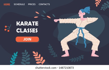 Flat vector illustration of a fighting girl with floral elements. Karate classes. Female character. Template for a landing page, poster, banner. Fight, sport, feminism. 
