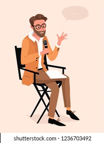 Flat vector illustration of film director  on his chair.Producer's stool.Stage director explain something. Dramatic theater people. Stage-manager with microphone in hands.