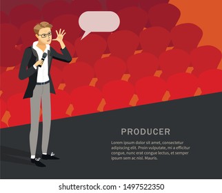 Flat vector illustration of film director  on his chair.Producer's stool.Stage director explain something. Dramatic theater people. Stage-manager with microphone in hands.