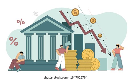 Flat vector illustration. Financial crisis. Bank liabilities, risk of bankruptcy. People are hostages of financial instability, an attempt to prevent bankruptcy