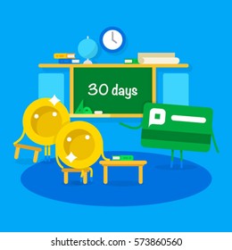 Flat vector illustration of financial education and a bank credit. On the background of the classroom: the school board, globe, books, desks and chairs. Character flat design of coins and credit card.