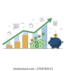 Flat vector illustration of financial growth with coins and upward arrow, symbolizing investment, profit, and economic development.