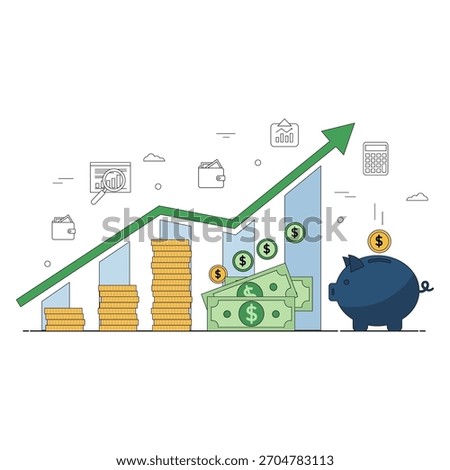 Flat vector illustration of financial growth with coins and upward arrow, symbolizing investment, profit, and economic development.
