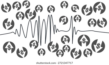 Ilustración vectorial plana de un gráfico de línea financiera con iconos de signo de dólar circundantes y flechas arriba-abajo, que representan la volatilidad del mercado de valores, las fluctuaciones de la moneda y las tendencias económicas