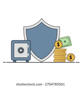 Flaches Vektorgrafik der finanziellen Sicherheit mit Schild, Geld und finanziellen Schutzelementen.