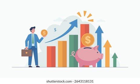 Ilustración vectorial plana del gráfico de barras de éxito financiero que crece hacia arriba hombre de negocios que sostiene el oro