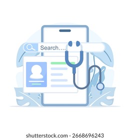 Ilustración vectorial plana del concepto de encontrar doctor con lupa en la pantalla del teléfono inteligente que muestra el perfil del doctor. Consulta médica en línea, App de la salud, servicio hospitalario y concepto de telemedicina.