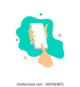 flacher Vektorgrafik-Finger, der Smartphone mit abstraktem Hintergrund-Szenenhintergrund auf der Startseite abspielt