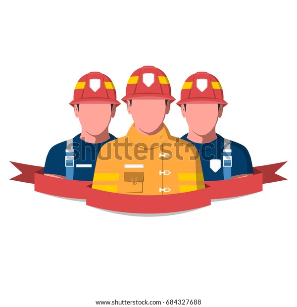 Flat vector illustration of a fire
brigade. Firemen characters isolated on white
background.