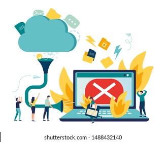 Flat vector illustration, fire computer breakdown, pump transfer data to cloud storage, cloud download tracking, data transfer folders with documents, data storage