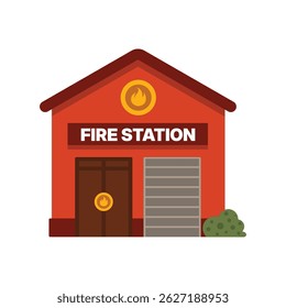 Flat vector illustration of a fire station building with a garage door, front entrance, and fire symbol, perfect for emergency and public service concepts.