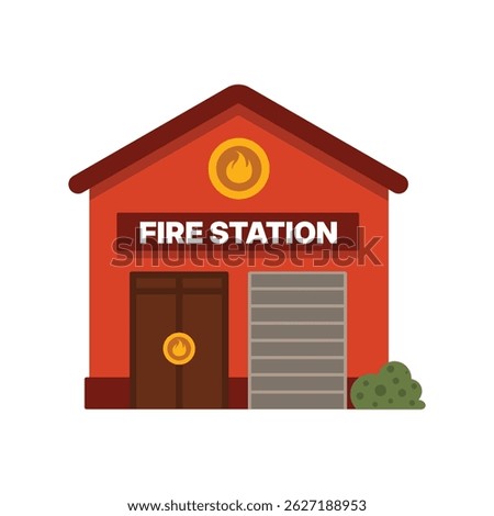 Flat vector illustration of a fire station building with a garage door, front entrance, and fire symbol, perfect for emergency and public service concepts.