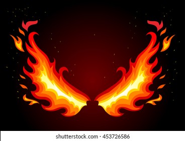 Flat vector illustration of fire wings on dark background