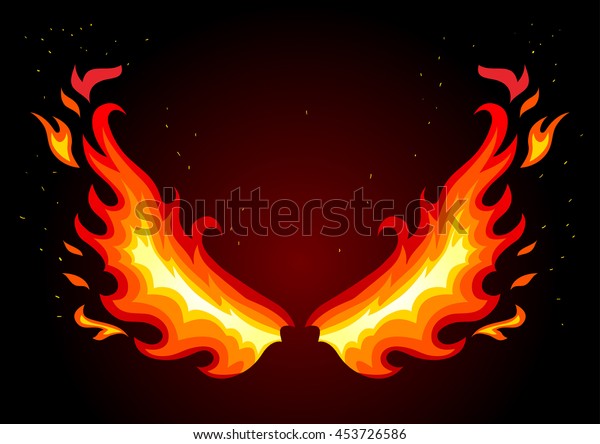 Flat vector illustration of fire wings on dark background